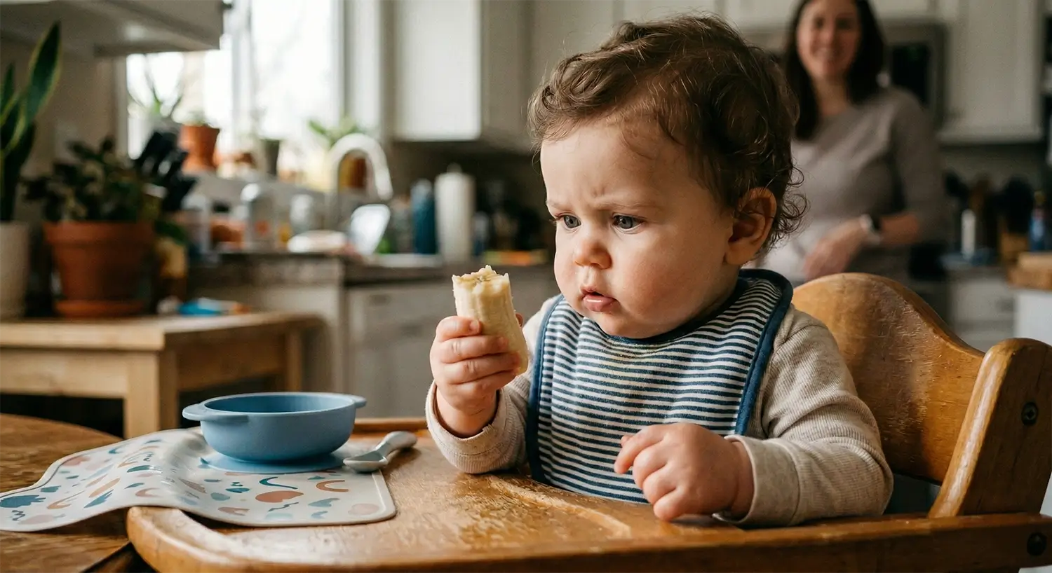 Baby looking unsure about eating a piece of banana